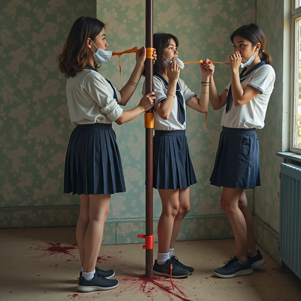 Japanese junior high school girls、、In front of a white wall、Stand upright、Hands behind your back、Smile、麻縄Bondage、((Binding:1.5))、((Bondage:1.4))、(Detention and deprivation of liberty:1.5)、Anatomically correct、Front Angle