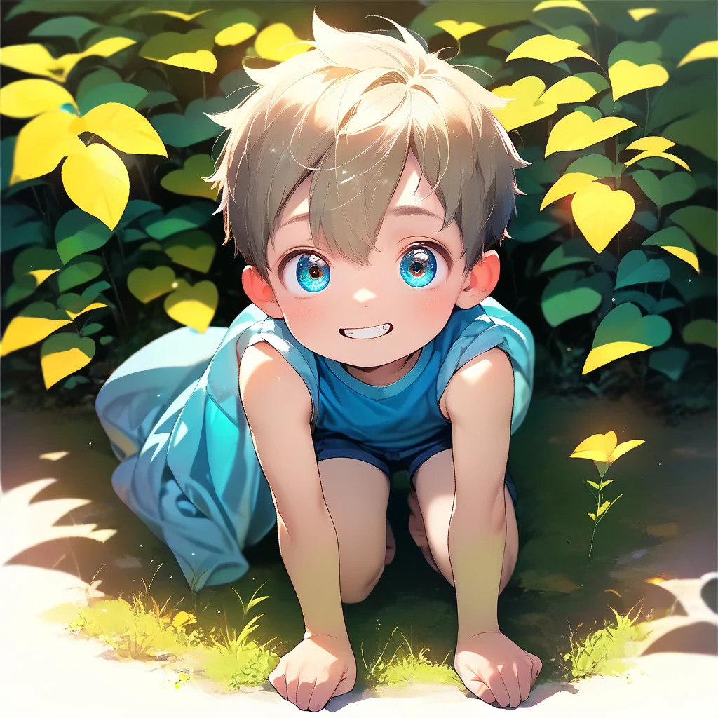 1boy, 4k, (Masterpiece:1), with white colored hair and shiny, glowing orange eyes, (showing soles1.4), young, boy, child, small, toddler, tiny feet, focus on feet, blushing, lewd, (Young:1.4), (Child:1.4), (Shota:1.8), (male:1.8), (boy:1.9), (happy expression:1.4), (green eyes:1.6), (blonde hair:1.6), (short hair:1.7), (chubby:1.4), (jumpsuit:1.6), (laying on stomach:1.6),
