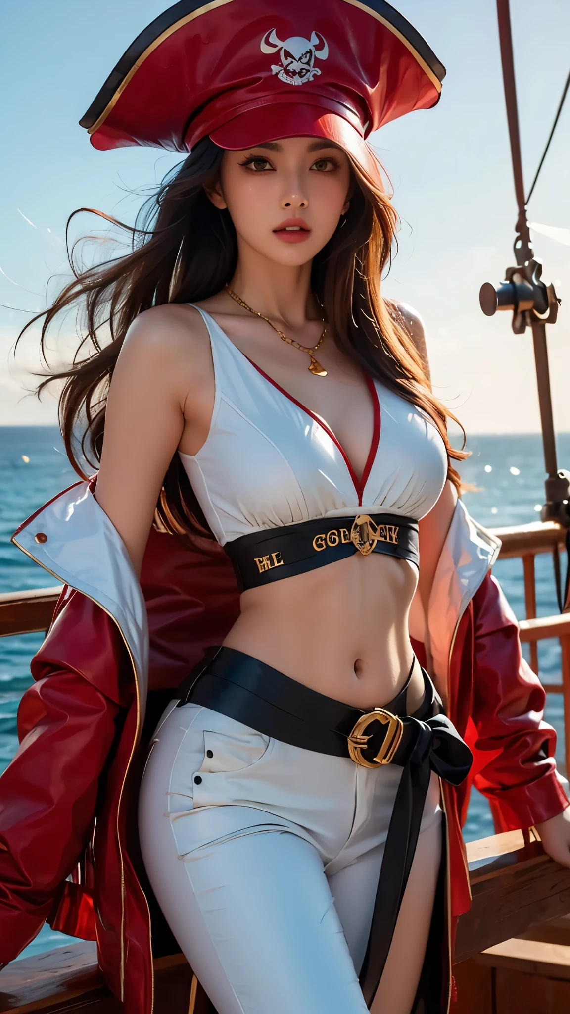 Hyper-realistic anime-style illustration of Miss Fortune, a stunning female pirate with long, silky red hair shining in sunlight, sharp emerald green eyes, confident and fearless expression. She wears a knotted white crop top, distressed leather pants, crimson jacket tied at her hips, and a wide-brimmed crimson pirate hat with gold accents. Golden bracelets, layered necklaces, tattoos on her arm. Standing on a pirate ship deck under a bright blue sky, white sails billowing, bubbles floating, dynamic lighting.