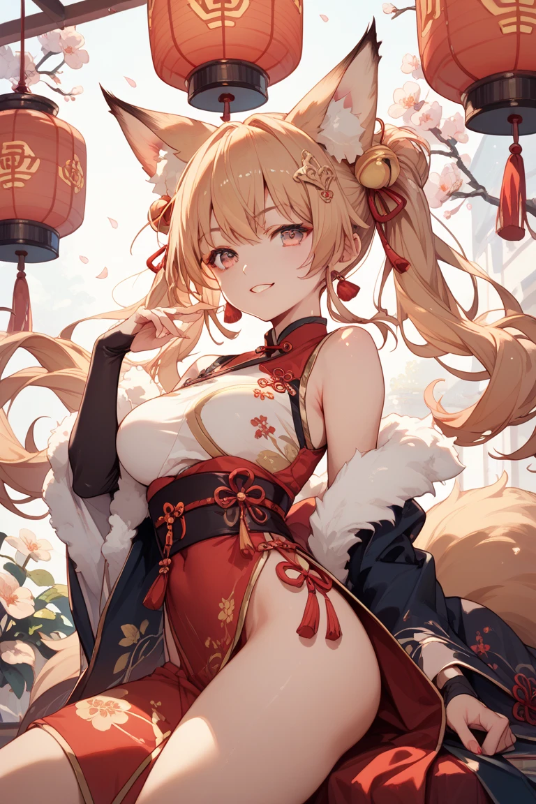Exotic cartoon, oriental character, 1girl, breasts, tail, animal ears, solo, fox ears, fox tail, dress, skindentation, cheongsam, from the side, big, blush, white background, fox girl, looking viewer, bare shoulders, short hair, animal ear fluff, food, simple background, cheongsam, cowboy shot, removed sleeves, hair ornament, red dress, long sleeves, buttock