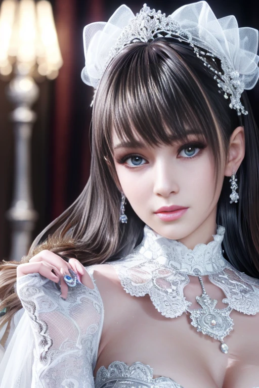A futuristic royal princess in an extravagant silver-white baroque ball gown, intricate lace embroidery, gemstone and pearl embellishments, large voluminous skirt, high-neck and long lace sleeves, sculptural shoulder details, elegant low bun hairstyle, ethereal and elegant atmosphere, soft spotlight, ultra-detailed, high fashion, fantasy couture, dramatic lighting.close up,