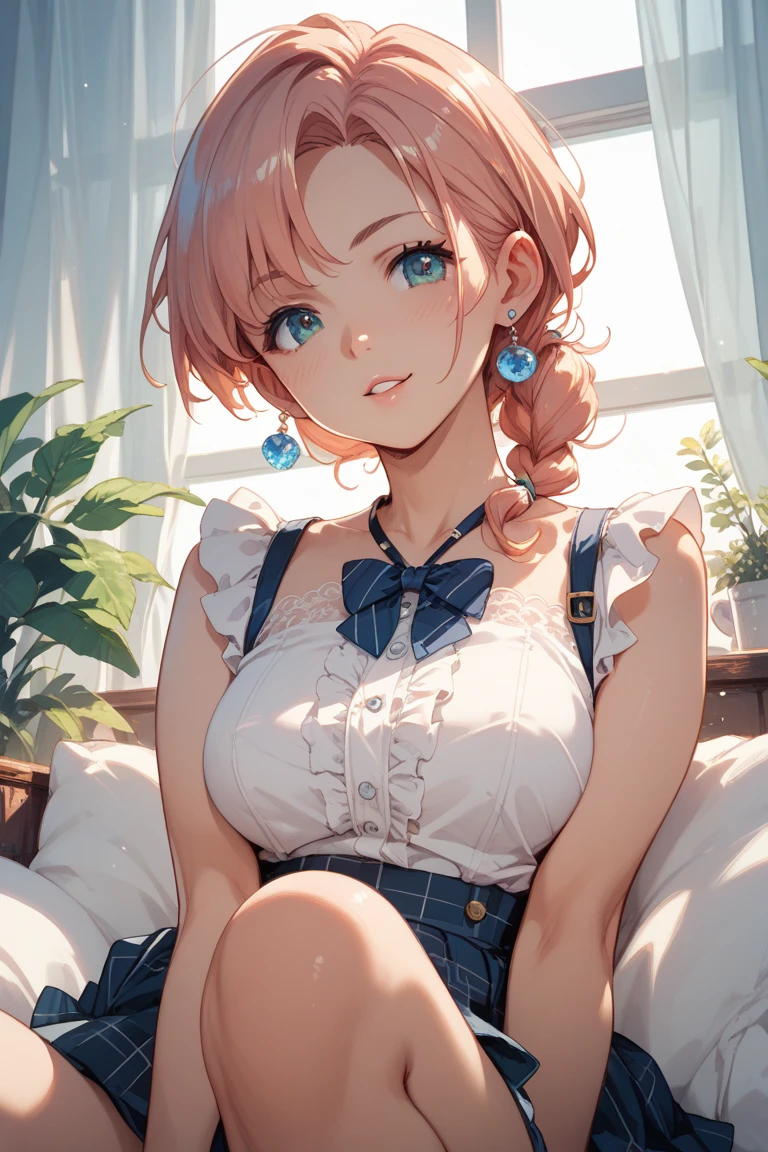 (table top: 1.3), (maximum resolution: 1.2), (Ultra HDTV: 1.2), cinematic light, Ultra HDTV, (fine eyes and skin), (detailed facial features), nffsw, 8K resolution, sharp focus: 1.2, perfect style, beautiful face, perfect body, Accurate, anatomically correct, Highly detailed face and skin texture, fine eyes, dark blue eyes, double eyelid, thin eyebrows, glitter eyeliner: 1.2, natural cheeks, Glossy skin, Fair skin: 1.2, small shiny necklace and earrings, (glossy lips: 1.4), break, one person'perspective, 、plaid skirt、White blouse with the front open、pink bra、(enchanting smile: 1.2), ((innocent and cute girl:1.3)), (blonde hair)、wavy hair、short cut hair、 (cowboy shot: 1.2), break, ((very close relationship: 1.2)), middle~big breasts, ((looking at the viewer:1.2)), school classroom、school desk, ((Bend your knees and spread your legs wide:1.2)), (From the side:1.2),low angle shot,very obscene look、I want to have sex
