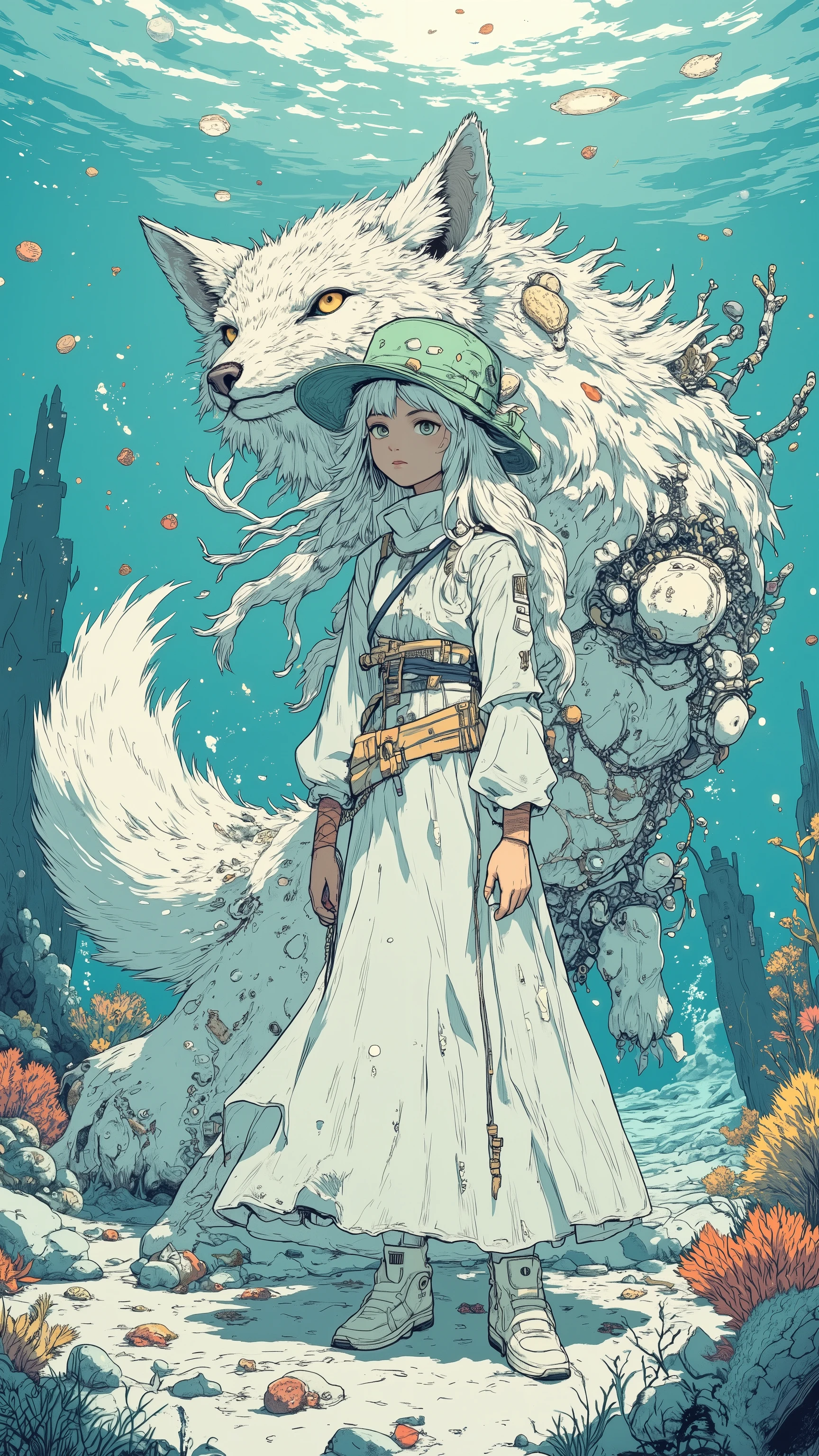 Imagine,underwater worlds, girl(21 years old,silver-white curls, long hair,gentleman hat with a mint green head,A huge silver snow wolf on the side of the light long dress,off-white canvas shoes)There is a huge snow fox beside it( There are reddish brown hairs on the ears)