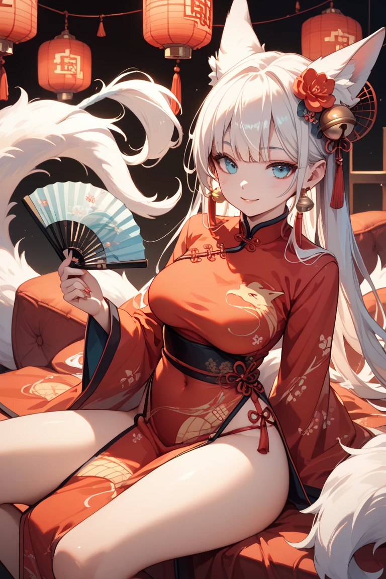 Kitsune, Retrato de Onmyoji, Chica de anime demonio, Deidad de pelo blanco, Arte de cuerpo completo, con ojos rojos, tatuajes en el pecho,cuerpo sexy,best_quality,Sexy Big Breast,erotic pose