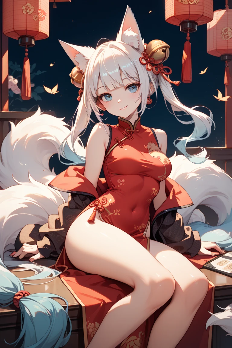 masterpiece, best quality, 1girl, long hair, white hair, yellow eyes, animal ears, medium breasts, chinese dress, panties, pantpeek