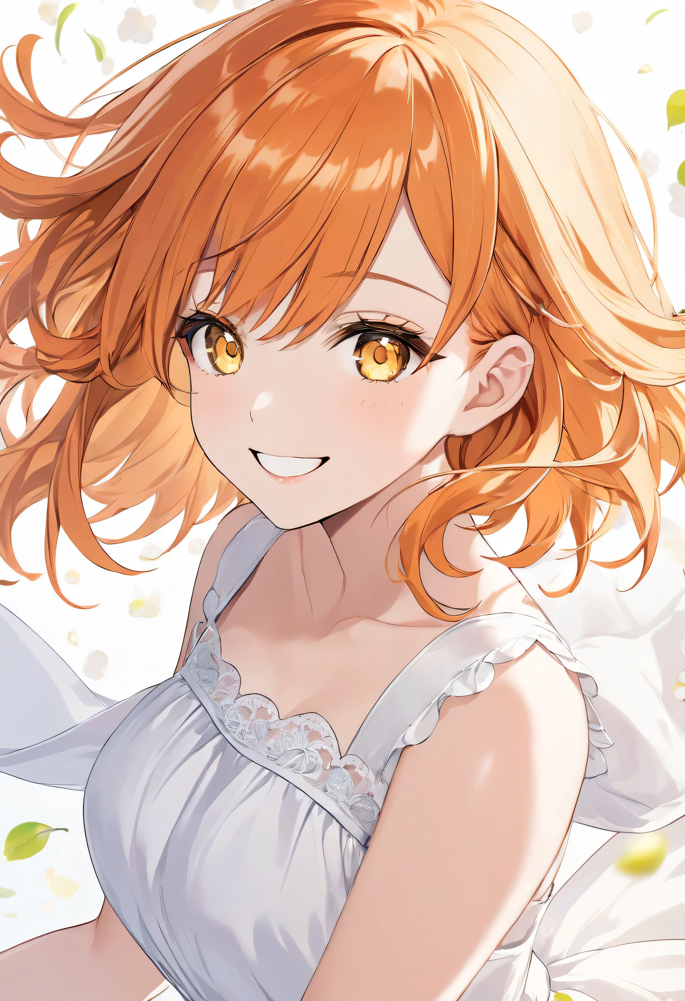  adult female,  short orange hair and yellow eyes 、pure smile、white dress、fantastic white cherry background