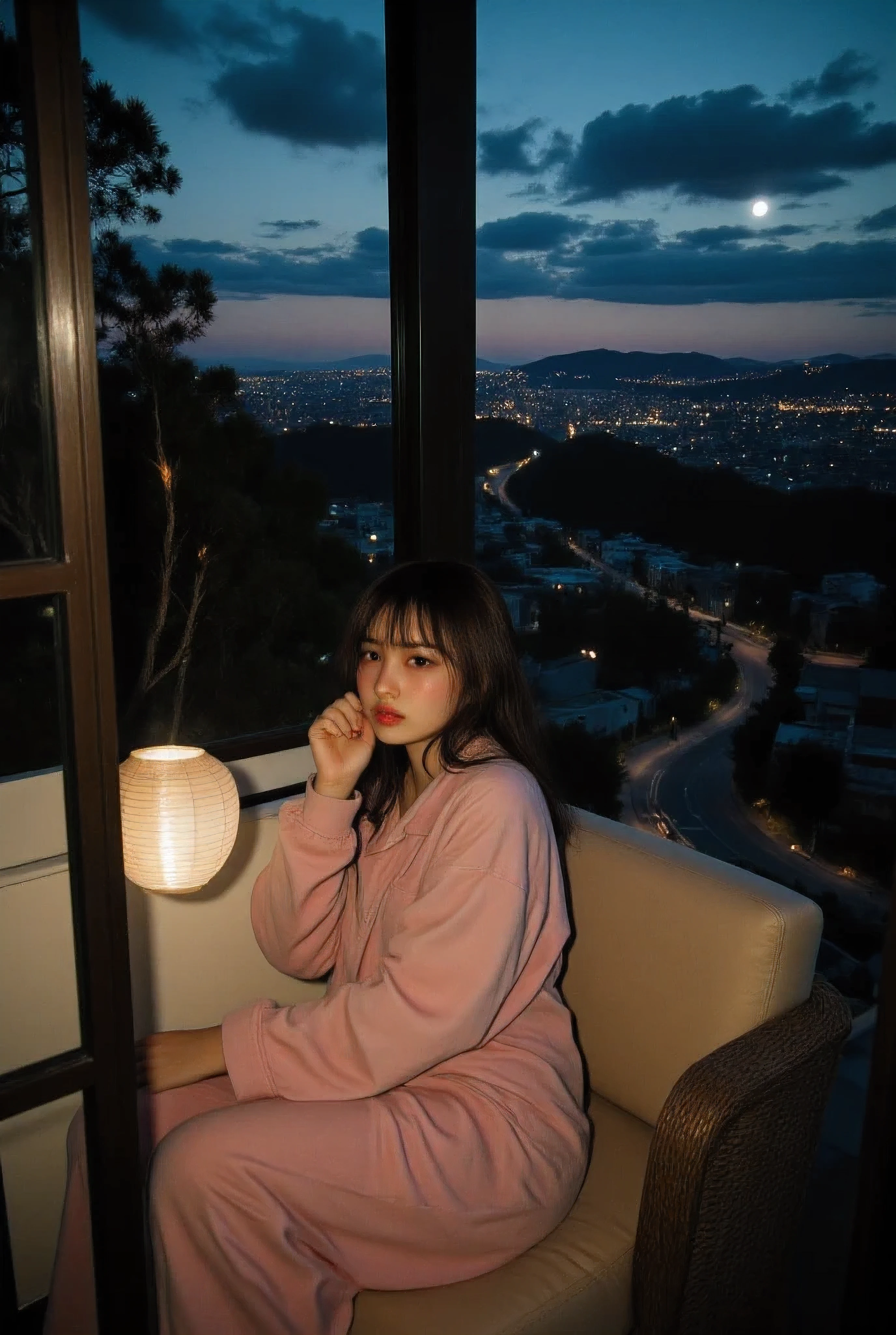 Glass railings, Cute and adorable sexy young lady in her pajamas as she rests on the couch outside on the rooftop veranda overlooking the city from the mountaintop, dusk, sun below the horizon, moonlit sky, japanese lanterns on the tree branches, winding road, (Hard flash photography) Early evening, lantern lit night, Photo from the side, candid photo, (suburban setting background seeing houses and shops from the veranda)realistic,life-like skin texture,symmetrical,aesthetically pleasing,cinematic composition,detailed portrait,photorealistic,masterpiece,ultra-detailed,sharp focus,physically-based rendering,extreme detail description,professional,vivid colors,high resolution,4K,studio lighting,dramatic lighting,dramatic shadows,dramatic atmosphere,dramatic background,dramatic pose,cinematic framing,cinematic lighting,cinematic camera angle,cinematic depth of field,moody,dark,chiaroscuro,dramatic color palette,dark and moody,dramatic colors