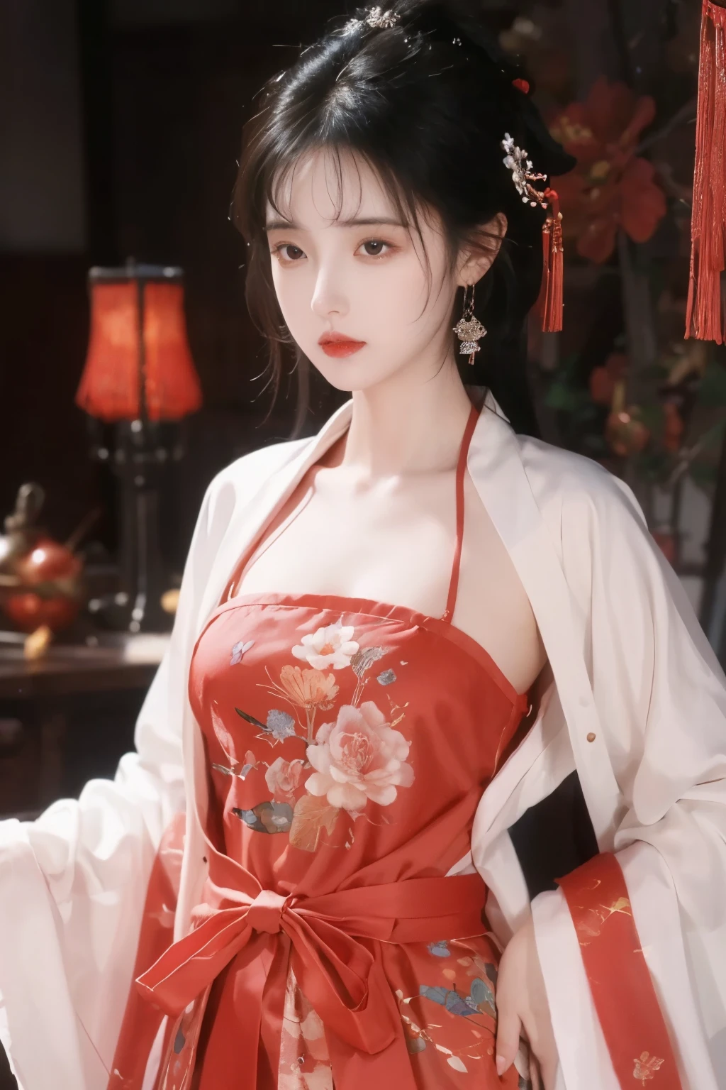 ( masterpiece, top quality, best quality, official art, beautiful and aesthetic:1.2), (1 Girl:1.3), flat chest, extremely detailed,(Fractal Art:1.1),(Flowers:1.3),Highest Detail,(dynamic pose), (background:1.3), (traditional Chinese costume:1.2), (shiny skin), ( many colors :1.4), ,(earrings:1.1),