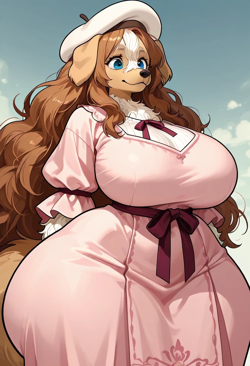 deer girl, deer antlers, ((deer spots)) , mature female, mom, milf, 40 year old woman, (bimbo), ((hair flower)), very long hair, big hair, wavy hair, smile, parted lips, red lips, makeup, thick eyeliner, eyeshadow, tall, slim waist, (wide hips), (((huge thighs))), huge ass, gigantic breasts, sagging breasts, (cleavage), navel, tall, oily breasts, nightgown, see-through, puffy nipples, ((lace)), thighhighs, (big hoop earrings), (bracelets), necklace, floral tiara, indoors, log cabin, wooden walls, window, curtains, night, fog, sexy pose, hip and thigh focus, oily breasts, head tilt, furry style,