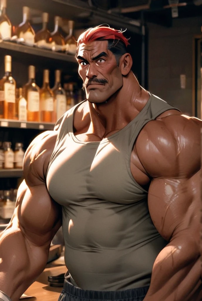 A handsome figther, muito lascivo, imponente, Vista lateral, below pov, corpo inteiro, 50 years old, grey short hair , thick grey beard, dark oliva skin color, peitorais largos, peitorais enornes, hair chest, pose sensual, he is in fourth, rindo do espectador, wearing a tight tank top and a tight shorts, muscular legs, wet body, bare arms, big bulge, thick thights, Obra-prima maravilhosa altamente detalhada, beautiful cinematic light deep focus, elegante, Pintura digital, sementes, sharp focus, golden ratio, dramatic lighting, 8k