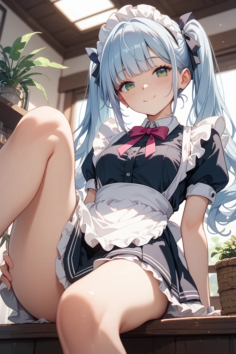 girl，thin，barefoot，spread legs，white hair，red pupils，kitchen，apron，Bare buttocks