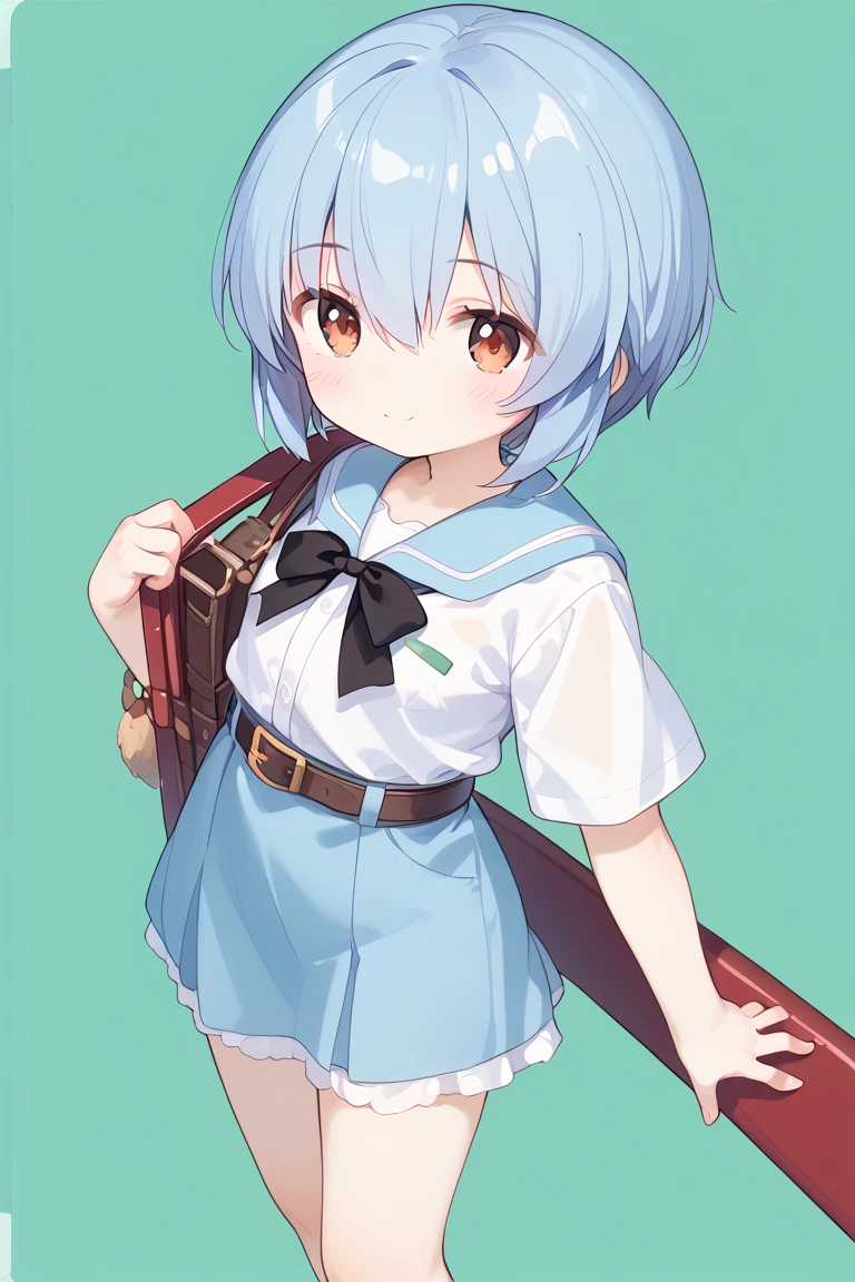 1 girl、 dwarf、Ayanami Rei、standing up picture、 chibi、idol、green background,short hair、 light blue hair、 Red、ピンクidol衣装、Standing naturally