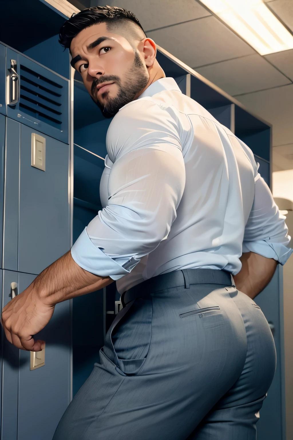 40-year-old boy Japanese muscular male in transparent navy blue formal shirt......... short haired, bearded, wearing light grey trouser ...........gooning seductive expression.................... dripping on body and pants...................., arching back............... looking back to the camera. [[ huge big unrealistic butt,]] muscular thigh......................close up on butt........low angle camera looking up at body........... in locker room........
