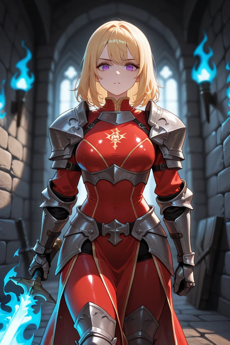 masterpiece, extra limbs, 1lady, 25 years old, gold long high ponytail, gold pubic hair, slant blue eyes, medium pointy breasts large areolas, muscle, serious, standing,hold a Holy sword, (((clothed plate armor knight cape))),
