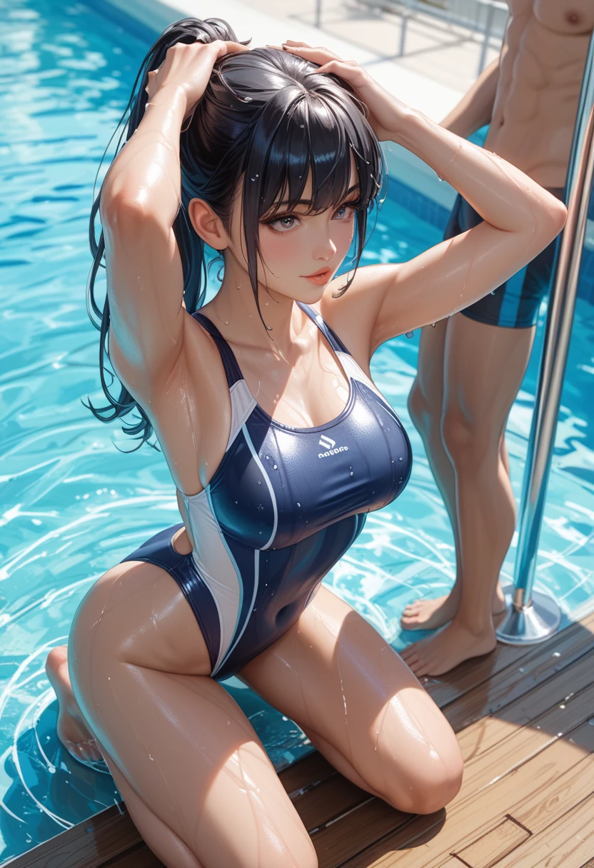 (4K,masterpiece,best quality,ultra detailed),(from above,cowboy shot:1.2),(daylight),looking viewer,(solo),(fullpage of beautiful women), japanese,(age),(medium hair,long hair,silky hair,straight hair,black hair),(beautiful detailed face,beautiful detailed eyes,finely detailed skin,beautiful medium breast,beautiful hips,fair skin),slender,light smile,shy,(wet one piece competition swimsuit),(on pool side),realistic,