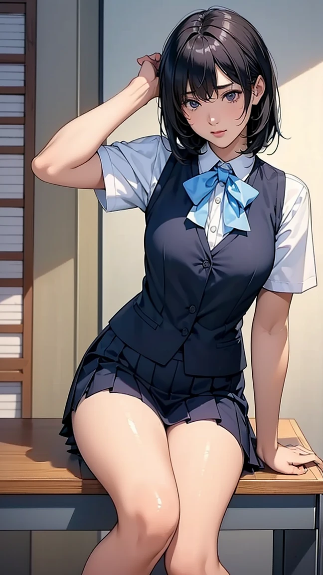 (masterpiece、highest quality)、Beautiful illustrations、Gazing at the viewer、Beautiful thighs、Front view、1 girl、Mature high school girl、A high school girl who looks 25 years old、Shiny skin、(ponytail)、Big eyes、Long eyelashes、very tall、 Beautiful Hair、Beautiful Face、Beautiful Eyes、 Beautiful breasts、Beautiful thighs、Beautiful legs、Beautiful fingers、(((brown knit vest、Short sleeve white collar shirt、Navy Pleated Skirt)))、((Red bow tie))、(In the classroom)、Are standing、((smile))、(((((Skirt lift with both hands、Panties and black pantyhose are visible)))))