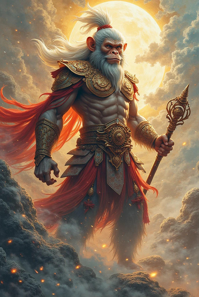 Create a dynamic and cinematic image of Sun Wukong, the Monkey King, wielding his magical staff, Ruyi Jingu Bang. Sun Wukong, adorned with his iconic golden crown and ornate accessories, stands in the background at a dramatic angle. He strikes the staff forcefully on the ground with both hands, causing a powerful impact. This action sends a swirling cloud of sand and dust into the air, accentuating the motion and raw power of the scene. The staff extends dramatically towards the foreground, enhancing the sense of depth and intensity.