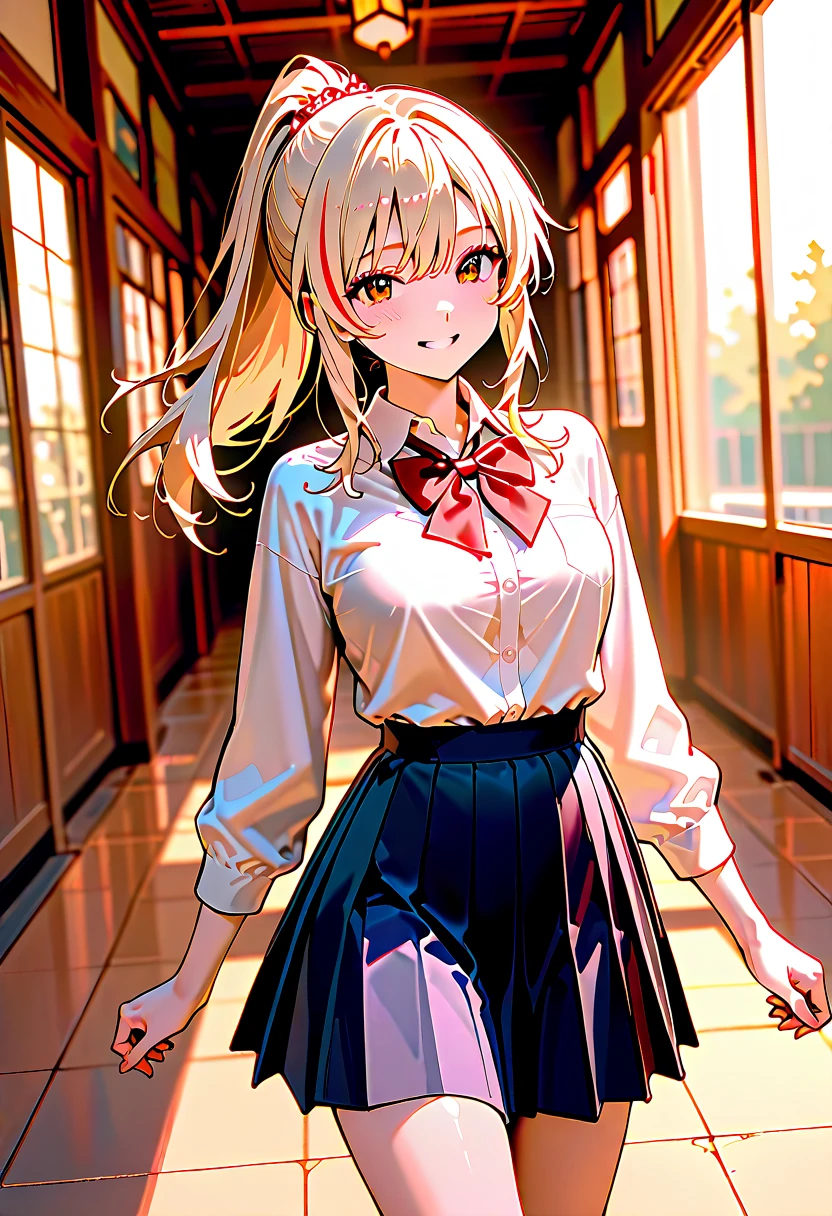(8K、Top image quality、top-quality、masterpiece)、1 girl in、a blond、short-hair、twintails、Green eyes、piercings、small、Moderately breasts、White collared shirt、shortsleeves、Light blue pleated mini skirt、cowboy shot、Classroom Background, 1 girl, cute, bratty, blonde hair, twintails, long hair, cute, bratty, teasing look, dim lighting, sitting in desk chair, pink room, cute room, white chair, ta,pink suspenders skirt, green eyes, smiling, sassy, small