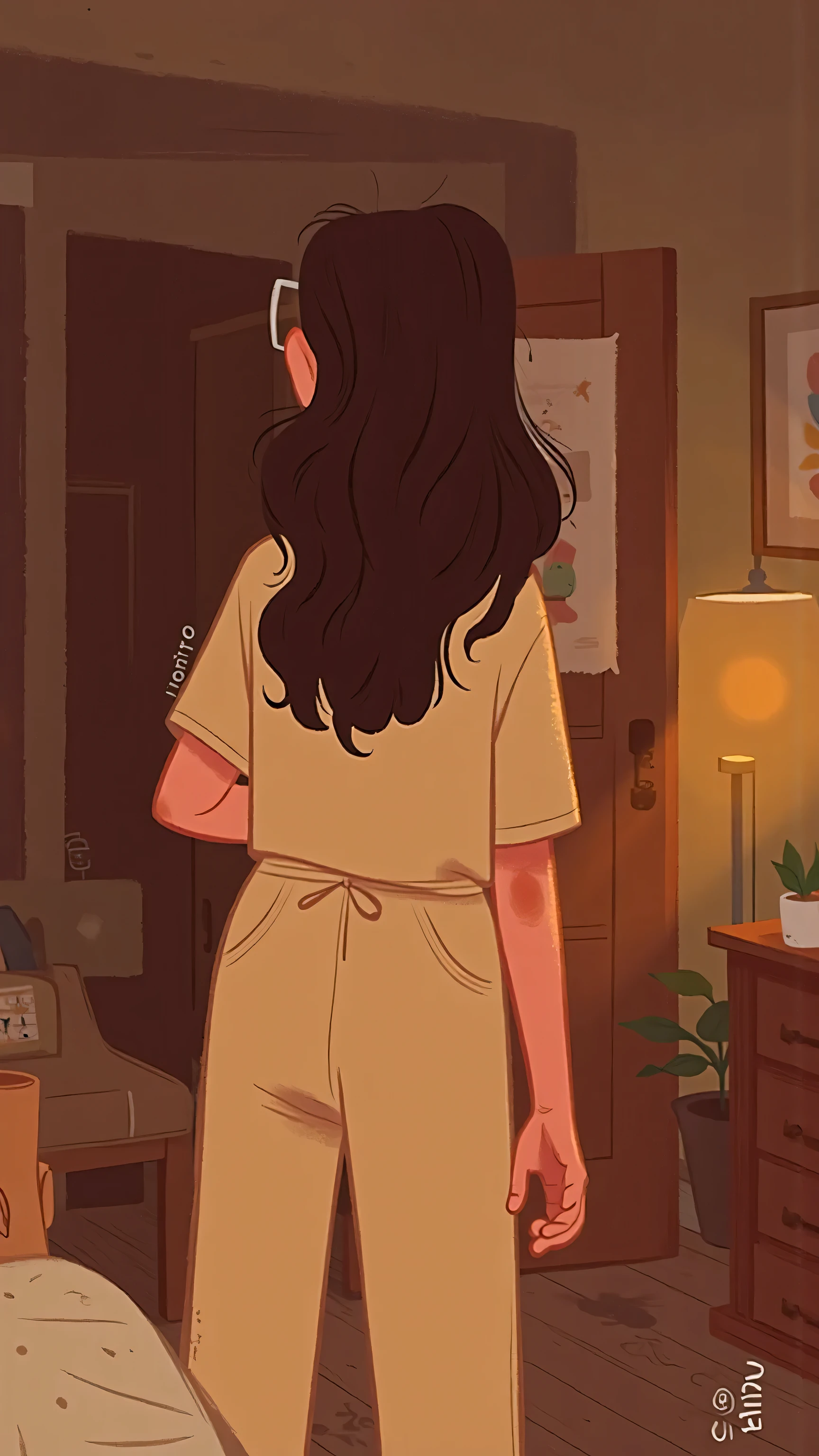  frontal footage ，Medium shot，night，Back to camera，a beautiful young woman，Long flowing dark brown hair， standing at the bedside ，Wearing a beige t-shirt，beige loose fit pajama pants，adds a cozy and relaxed atmosphere，The background is a wardrobe， illustration style ，webcartoon art style， Smooth lines ，, the shadows are soft ，The color is warm and dreamy，Gives a sense of serenity and comfort