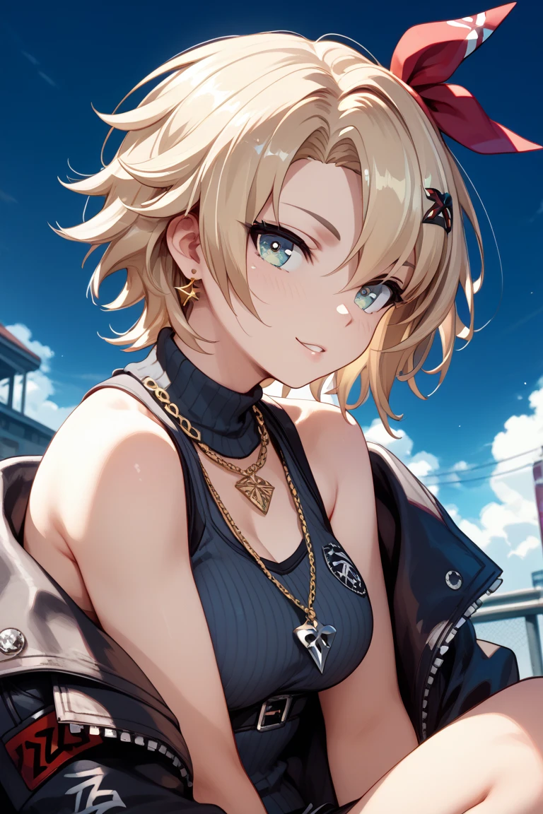 (tmasterpiece,Sideslit,Beautiful eyes:1.2),(tmasterpiece*sportrait),sportrait,busts,(busts),Lifelike,Anatomical correct,3D脸,luscious skin,(Solo),Blonde hair and pickaxe dyeing,Gradient hair,(closeup of face),Lovely face,(Fire opal-like scarlet eyes),Hanging eye corners,((highdetailskin,Visible pores)),(Perfect body),Beautiful cyberpunk girl,little breast,((Women's super short shawl leather jacket)),((kaftan)),(neck rings),very short gloves,(chain),(Laser material clothing:1.2)