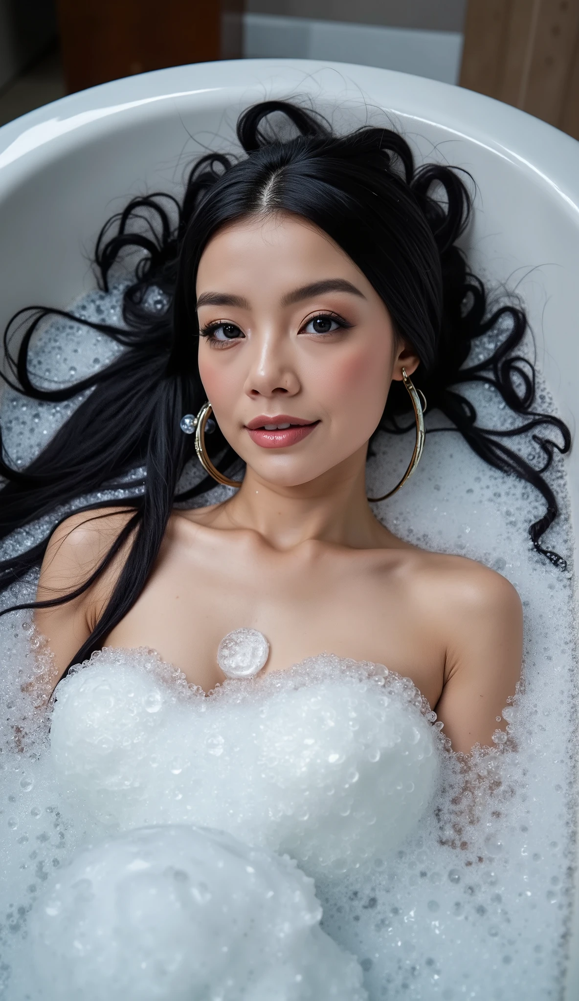 Professional photography, realistic, shot from top down photo of Malay woman lying in the bathtub, she has long messy black hair, she is bathing, she has pretty makeup, the bathtub full of soap foam, photo has bubbles flying in foreground, SFW censored by soap foam, intricate detailed