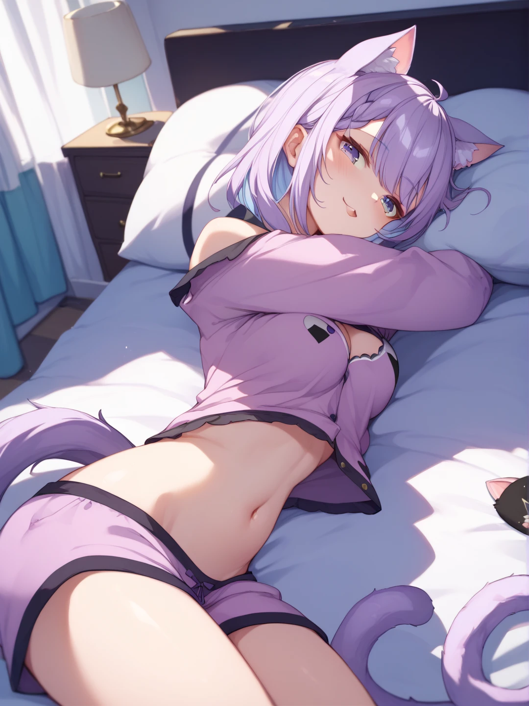((Nekomata okayu)), ((Masterpiece)), ((best quality)), (Anime:1.3), (super detail:1.2),(High Definition:1.3), (Professional Photography:1.2), (sharp focus), (perfect light), from below, (wide shot), Textured skin, 1girl, (Cute teenage beautiful Girl), ((loose white buttoned shirts)), undress buttoned shirts, (exposed Beautiful medium breast), (exposed erect nipple), (looking at viewer), (Beautiful daiamond eyes:1.3), glitter eyes, (put on cat ears), Pale purple hair, medium hair, blush, ((anguished look)), (Open mouth), Slender body, medium breasts, Glossy lips, slighty exposed Beautiful thigh, lewd pussy, BREAK, ((Masterpiece)), ((best quality)), (super detail:1.2), (After sex:1.3), open legs wide, (mist effect), Sitting on dirty and cheesy bed, (nighttime scene), NEKOMATA_OKAYU(HOLOLIVE), cat_ears, beautiful_purple_eyes, (multicolored_eyes), 1_beautiful_girl, cute_face, perfect_quality, perfect_anatomy, ahoge,