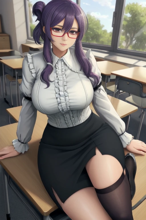 masterpiece, best quality, suzune, purple hair, red eyes, red glasses, white shirt, cleavage, lace trim, pencil skirt, garter straps, black thighhighs, classroom, sitting, from above, shiny skin
