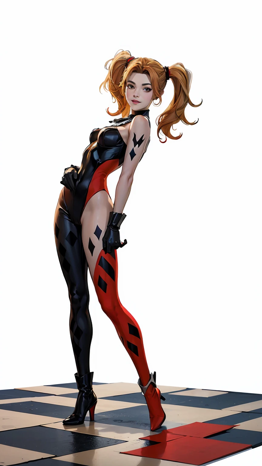 ((Full body photo, standing, feet on the floor)) Harley Quinn, sexy woman,DC Comics,Small,harlequin costume, red and black, dressed in a red and black harlequin costume, he has his big hammer in his hand, red hearts letter, joker card, young, super skynny body, Small and beautiful buttocks, toned abdomen, small and beautiful breasts, gloves, Boots, pose sexy, malevolent, obscene, powerful, super sensual, whole body, Dramatic background, In the background is Arkham Asylum on fire, apocalyptic atmosphere, joker, sensual look, beautiful blue eyes, classic two pigtails hairstyle,Hair dyed in bright blonde color, Best quality,4k,8K,A high resolution,Masterpiece,Ultra detailed,realistic, photorealistic,photo realistic