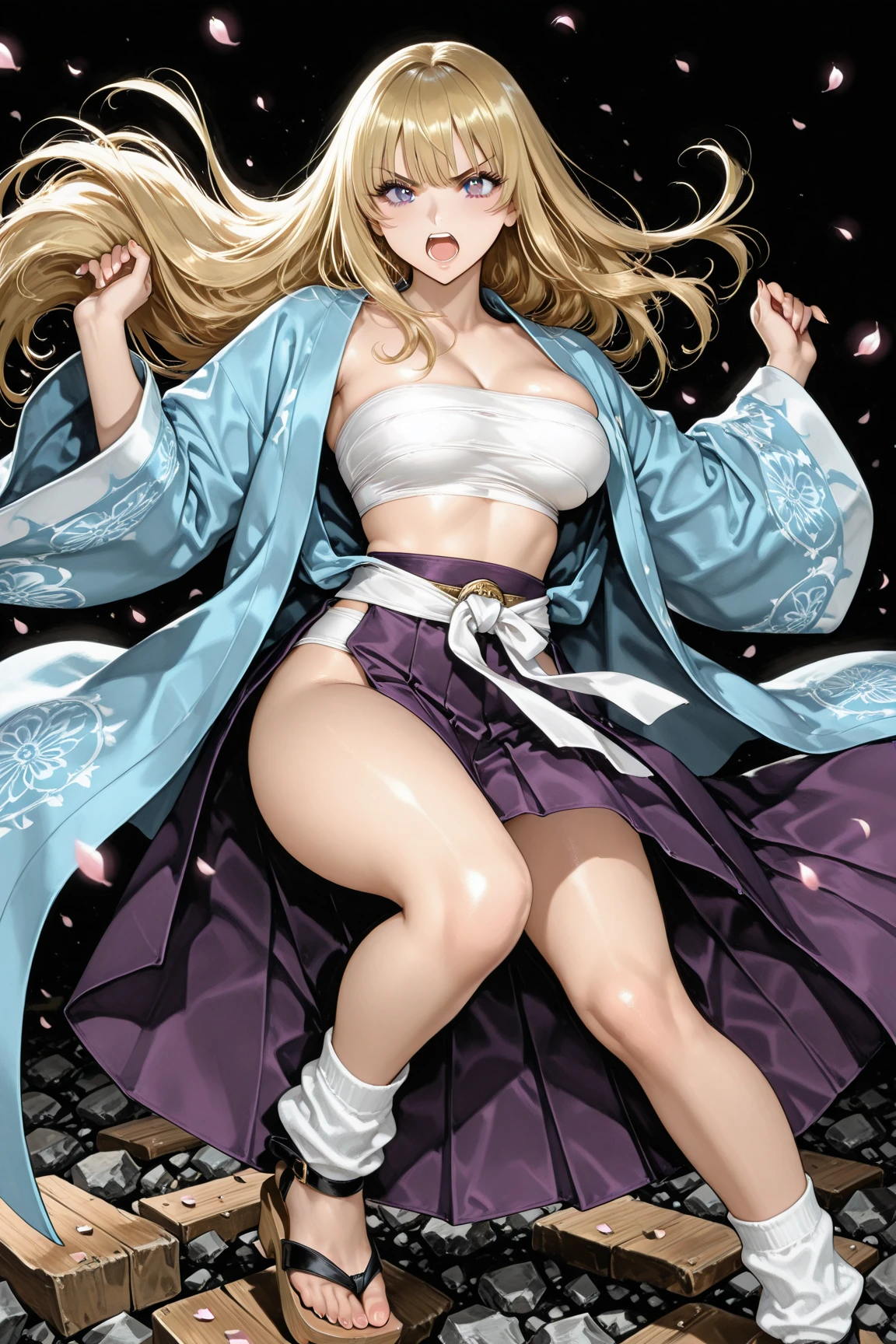 1girl，独奏，Long hair，Chest，Smile，blond，大Chest，Simple background，White background，Cleavage，Purple Eyes，whole body，Bathrobe，sandals，粉色Bathrobe