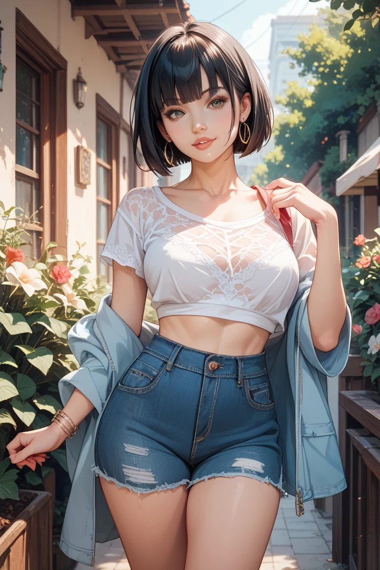 forty-year-old woman, black hair, short haircut, small breasts, dark blue bra, a sly look, denim mini skirt, wet white shirt unbuttoned, park bench