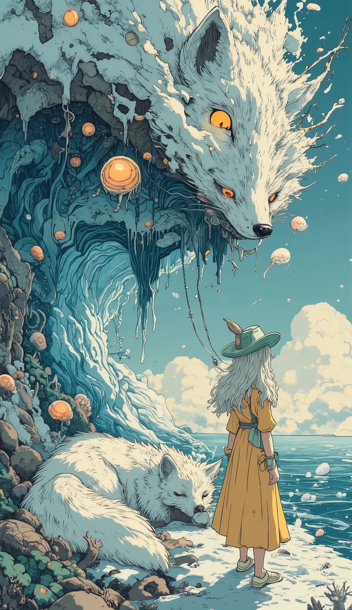 Vision,fantasy scene,seawater pouring into the sky from bottom to top,Form a kilometer-high spiral column of water,The coral reef floats in the air,, and the surface parasitizes glowing jellyfish lanterns, and the shipwreck is inverted in the clouds,The mast is hanging from a fishing net formed into ice crystals, girl(21 years old,silver-white curls, long hair,gentleman hat with a mint green head,Creamy yellow long dress,off-white canvas shoes)Nestled next to a giant snow fox