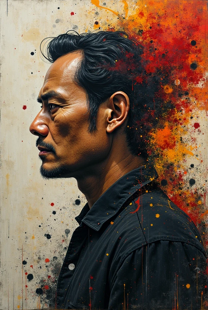close up，One wearing a red mask、Drawing of man with glasses on his face，There is background and stains of red and blue paint，Eddie Mendoza，artisanal art，high detailed digital art，pop art