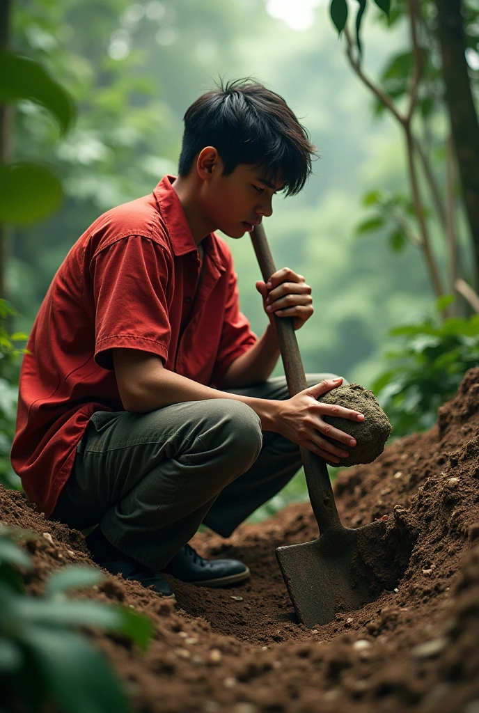 Teen in white polo tucked in black pants crawling in mud
