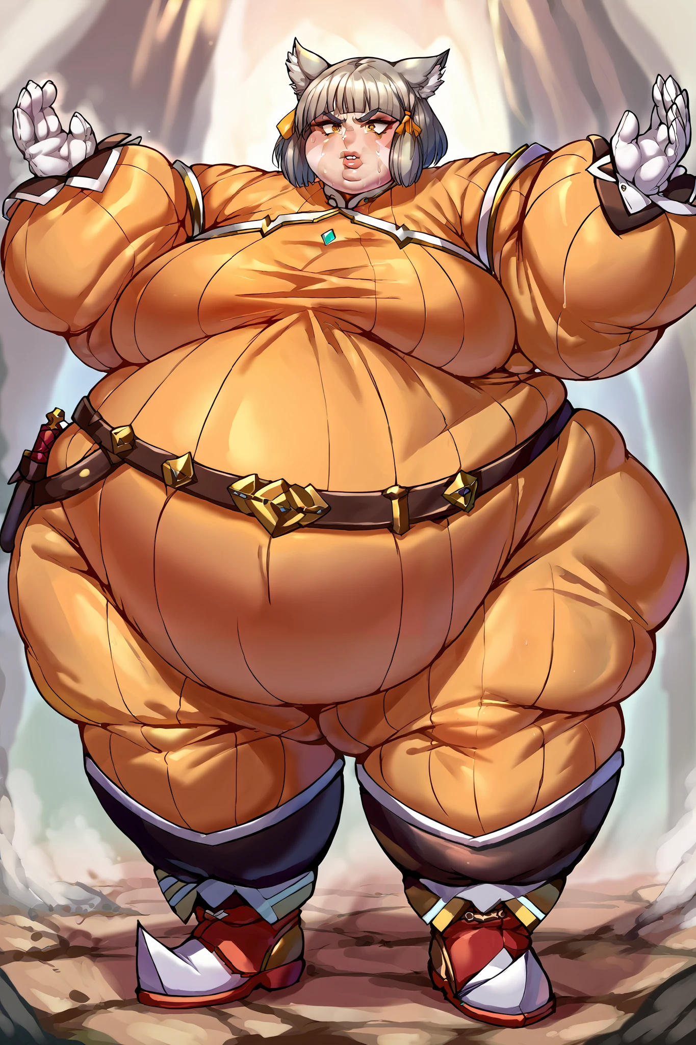 ((masterpiece)), (((best quality))), art by kipteitei, solo,1girl, Persona3Aigis, blue eyes, blonde hair, robot, fat, big belly, large boobies, large thighs, sky, grinning
