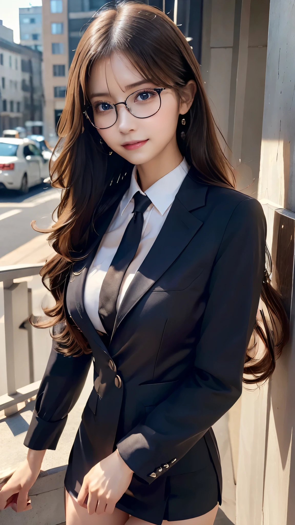 (Best quality, masterpiece, detailed), (RAW, 4k, hd images), 1 girl, 17 years old, white skin, long hair, ponytail, layers hair, bangs, black hair, beautiful girl, cute girl, sweet girl, pretty girl, perfect girl, perfect body, pretty eyes, blue eyes, thin lips, (eye line, lip soft), perfect round breast, glasses, wayfare, simple background, smile, waist, hips, Blazer, half body, modeling pose, free style pose, random angle capture, cleavage