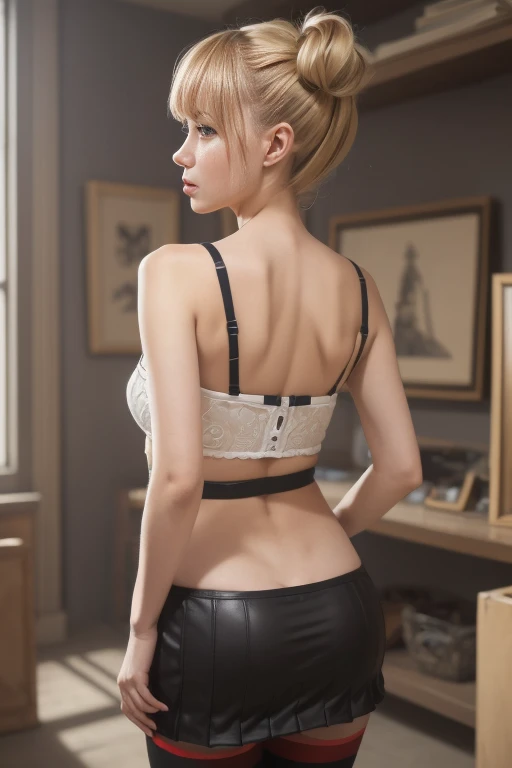 (Sci-fi fantasy), (masterpiece), (1 beautiful dutch woman),Smile,back view,Ella Freya from the Netherlands,NieR:Automata,2B, Gothic Lolita,Cosplay,(highest quality), (8K resolution), (1 beautiful girl),Blonde Hair,Short Bob Hair,Slender figure,Small breasts,Cleavage,White panties,Cinema lighting,