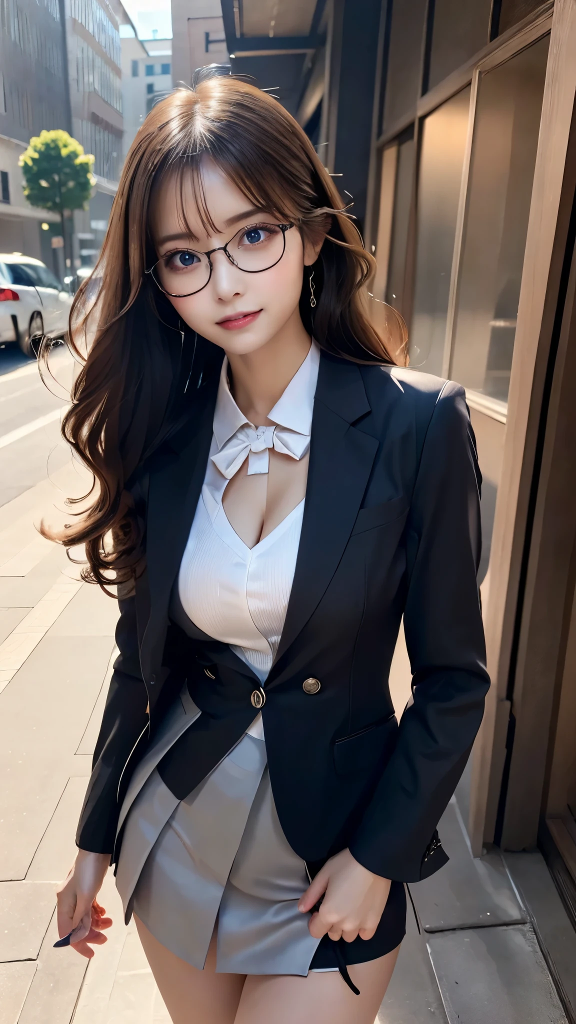 ((photorealistic)),((realistic)),((super high resolution)),((8K image)),( beautiful lighting arranged in an orderly manner),((Adult long hair:1.3)),((City Backgrounds:1.1)),((23 years old)),((Very beautiful and perfect body:1.2)),((A perfect and beautiful smile:1.3)),((detailed and beautiful skin)),((perfect and beautiful fingers:1.1)),((perfect anatomy:1.3)),((Beautiful E-cup breasts)),( beautiful waist),(big and toned hips),beautiful perfect face,A perfect and sharp gaze,( detailed and perfect big eyes),((office lady,Thin glasses)),((Secretary style suit:1.3)),((miniskirt)),random pose