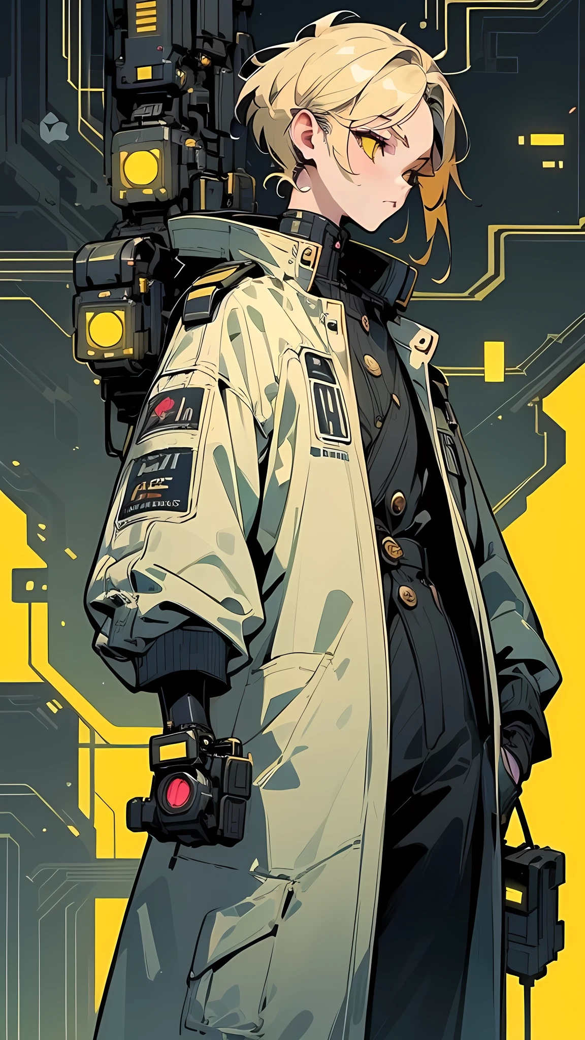 The image features a stylized illustration of a character with short blonde hair and yellow eyes, wearing a futuristic outfit. The character is standing against a bright yellow background. The outfit includes a yellow coat with various technological details, such as a digital display showing "03" and a series of buttons and dials. The character also has a device attached to their side, resembling a communication or control gadget, and the color "Yellow A." The character's outfit also features a patch with a stylized "A" and a small device labeled "2." The overall aesthetic is futuristic and cyberpunk, with a focus on technology and advanced design elements.