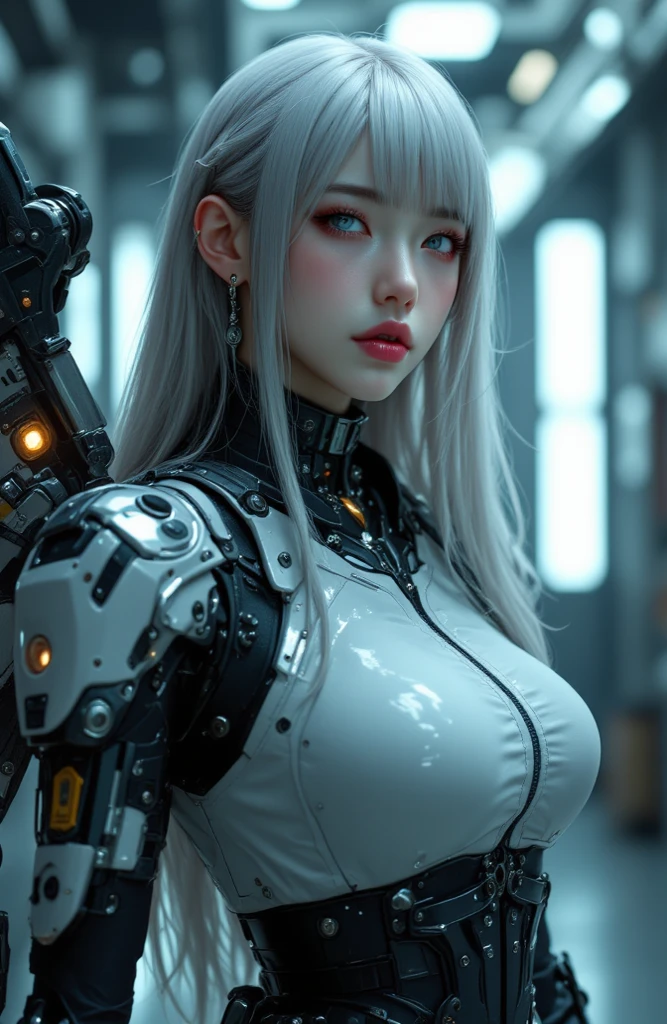 ((, La mejor calidad, 8k, Obra maestra :1.3)), todo el cuerpo, robot (((Obra maestra))), ((La mejor calidad)), (Ultra detallado), (cg illustration), (Un extremadamente tortuoso y hermoso)), cinematiclight, ((1 mechanical girl)), soltero, (Life Made by Machine), ((mechanical limbs)), ((Mechanical cervical vertebrae attached to the neck), (serio), inexpresivo, (Alambres y cables unidos a la cabeza y al cuerpo: 1.5), (Enfoque del personaje), Science-Fiction, El fin de los tiempos.white hair, big tits,luces de neon al estilo synthwave retrofuturista