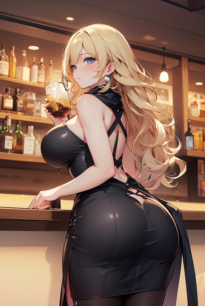 masterpiece,One girl, Sparrow, Blonde girl, Wearing priestess clothing, Curly Long Hair, Messy Hair, Black Skirt, The body is slim, Big Breasts, she closed her left eye, Shirt decoration, Pie, Mischievous Smile, Beautiful breasts, Round Breasts, Aqua Eye, dress, mini skirt, Sit at the bar, Ahoge, Barbara, Night Bar, She drinks beer, Invite someone to drink with you