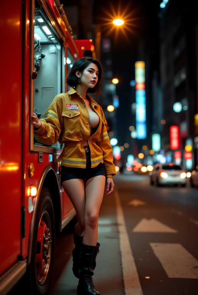 1 asian japanese looking women，20yo, long leges，medium breasts Thin waist，the super hot and sexy, cleavage breasts，sling bra Pornographic exposure， 独奏，（Background with：burning building，city building，at night） She has long weary hair，Very long hair，Long flowing hair，firefigther hat，standing on your feet，wet，seen from the front， curlies， mostly cloudy sky，（（（tmasterpiece），（Very detailed  8K wallpaper），best qualtiy，cinematic lighting，detailed back ground，beatiful detailed eyes，Bright pupils，blue color eyes（Very fine and beautiful），（Beautiful and detailed eye description），ultra - detailed，tmasterpiece，）），facing at camera，A high resolution，ultra - detailed， Bulge，Camel toes，Raised sexy，Flushed complexion，Open-mouthed，frontage，（Wearing：Red fire fighter jacket，Erotic  underwears，athletic sneakers，Lewd nudity）big thighs, fully body photo，spreading legs
