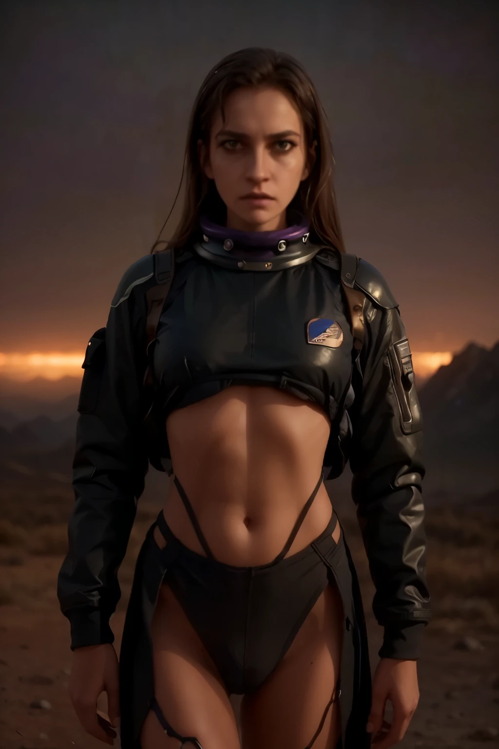 space, extreme frontier, a slender silhouette pierces the hazy purple horizon, detailed character portrait, space uniform. cinematic lighting, dramatic atmosphere, glowing horizon, vibrant colors, dramatic lighting, moody sci-fi landscape, photorealistic, 8K, ultra-detailed, physically-based rendering