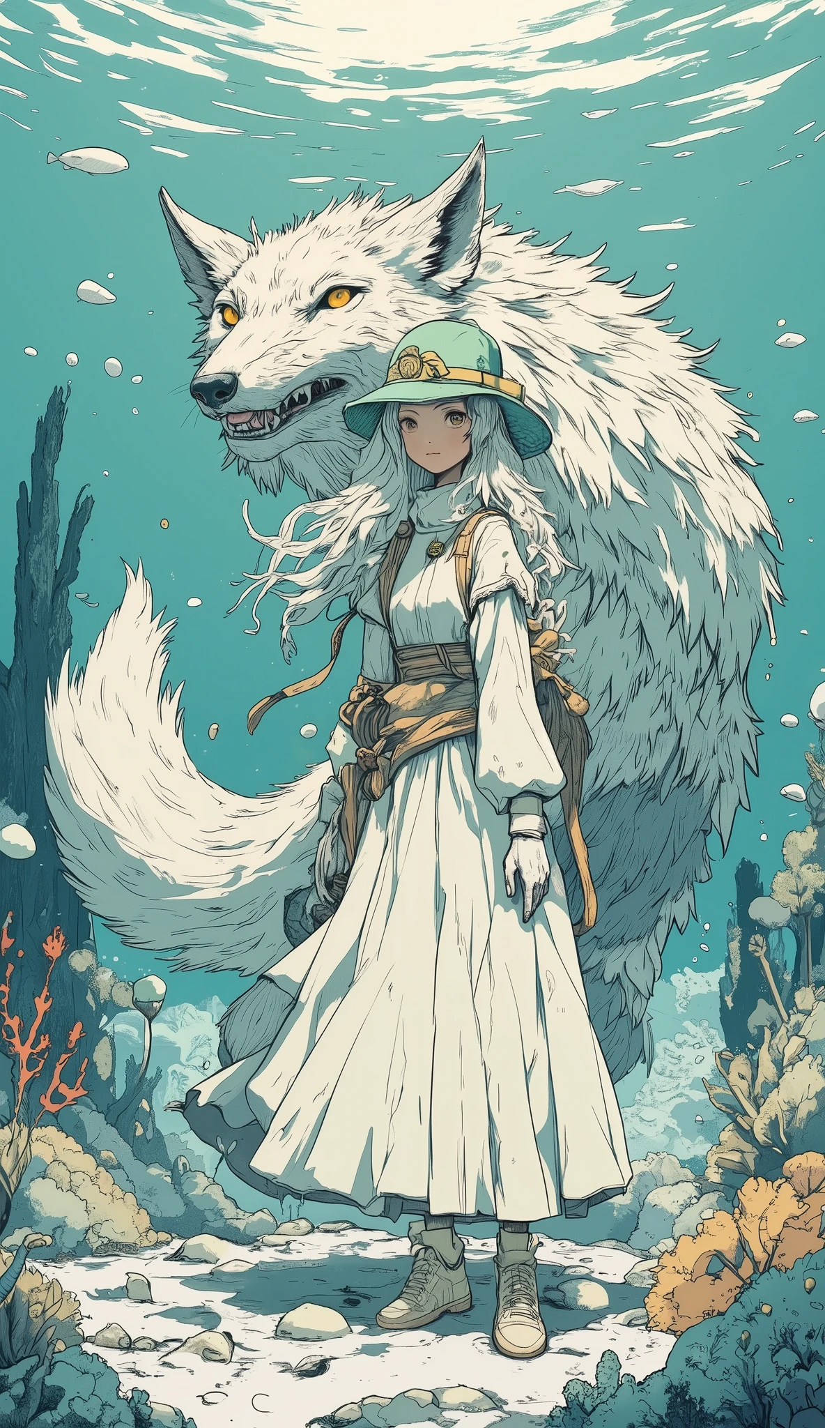 Imagine，underwater worlds，  girl（21 years old，silver-white curls，  long hair，gentleman hat with a mint green head，A huge silver snow wolf on the side of the light long dress，off-white canvas shoes）There is a huge snow fox beside it（ There are reddish brown hairs on the ears）