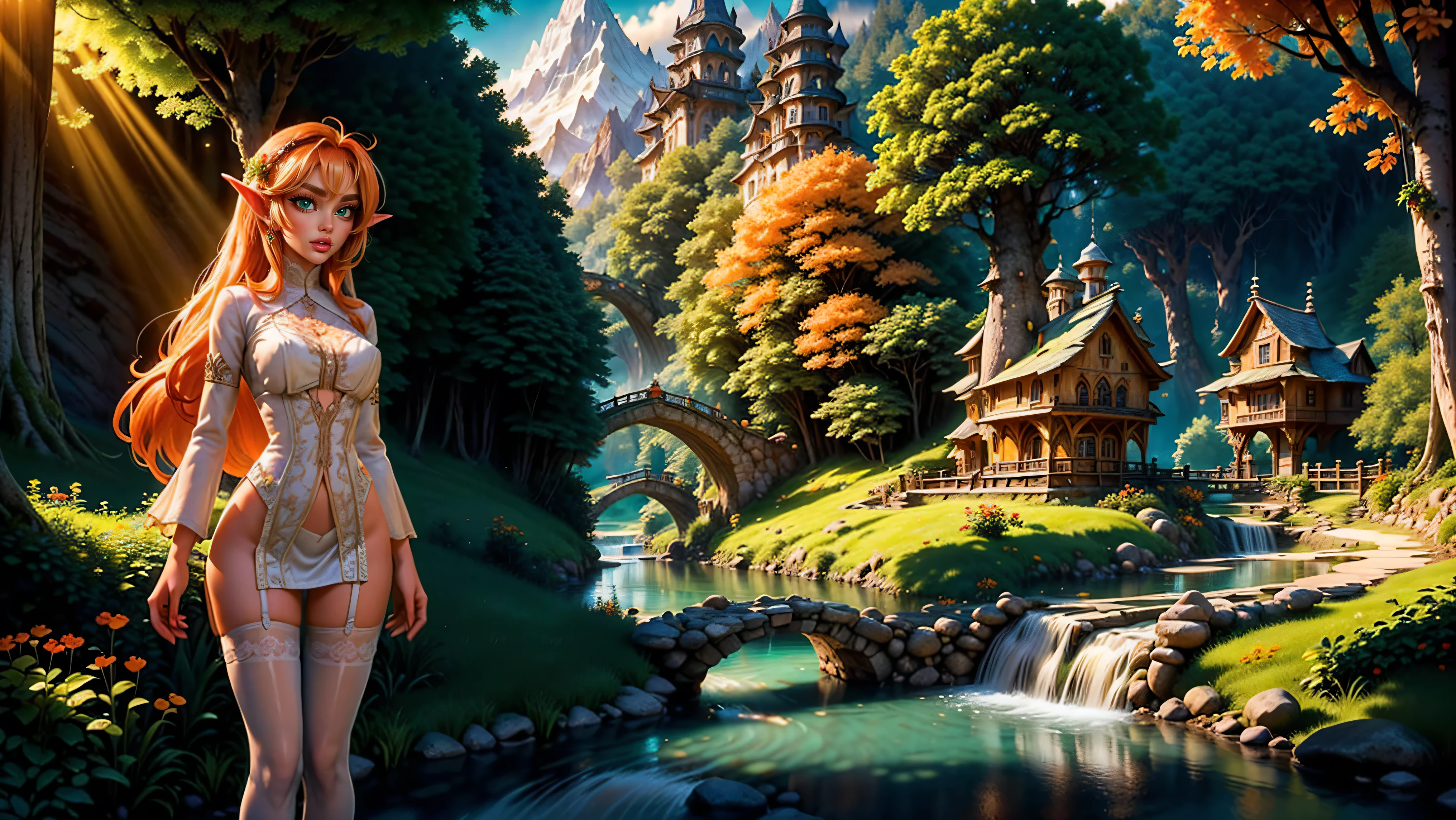 cute age elf girl with a beautiful body and face, men looking at her as she walks through her village, ((men staring)), ((1girl)), ((solo)), ((Long hair)), ((orange hair)), ((skinny)), ((petite)), ((young girl)), ((large expressive eyes)), ((smiling)), ((white formfitting clothes)), ((thighhighs)), ((fantasy setting)), ((forest, mountains, streams, meadows)), 