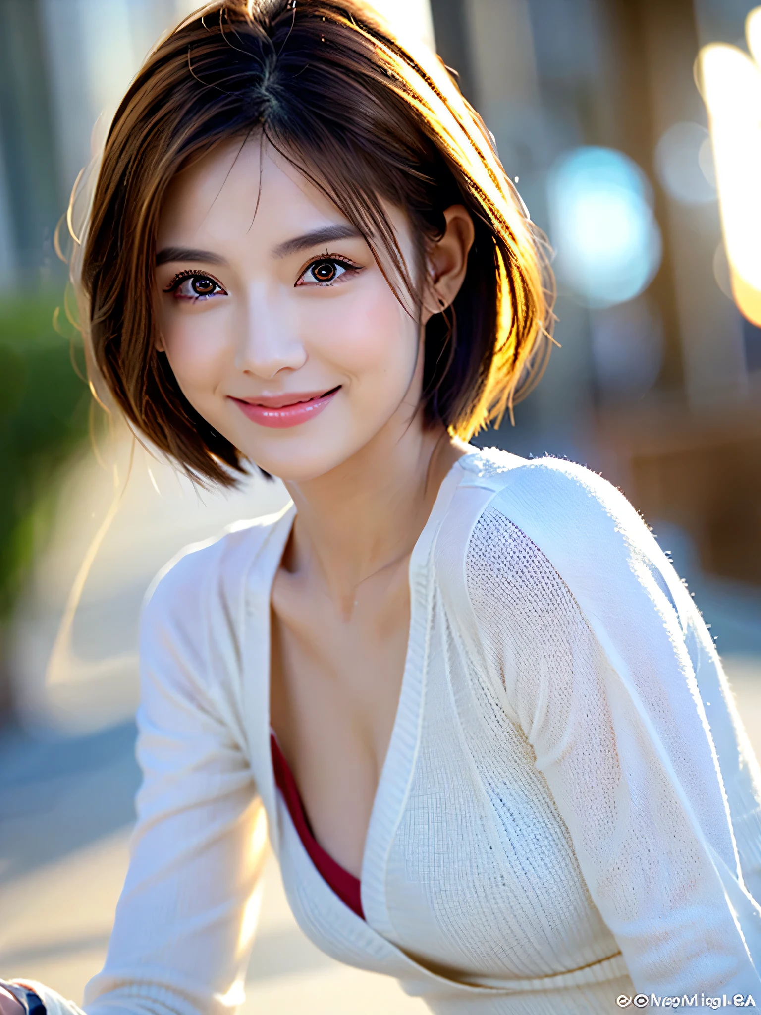 ((masterpiece)), ((Highest quality)), ((Complex)), ((Surreal)), (Realistic), (Mature Woman), ((There are no classes)), Very detailed, (1 female), Beautiful and exquisite, (Beautiful Teeth), Grin, Brunette Bob Hair, Brown eyes, ((blouse)), (Upper Body), (background:none), Perfect Eyes, Captivating eyes, Looking at the audience