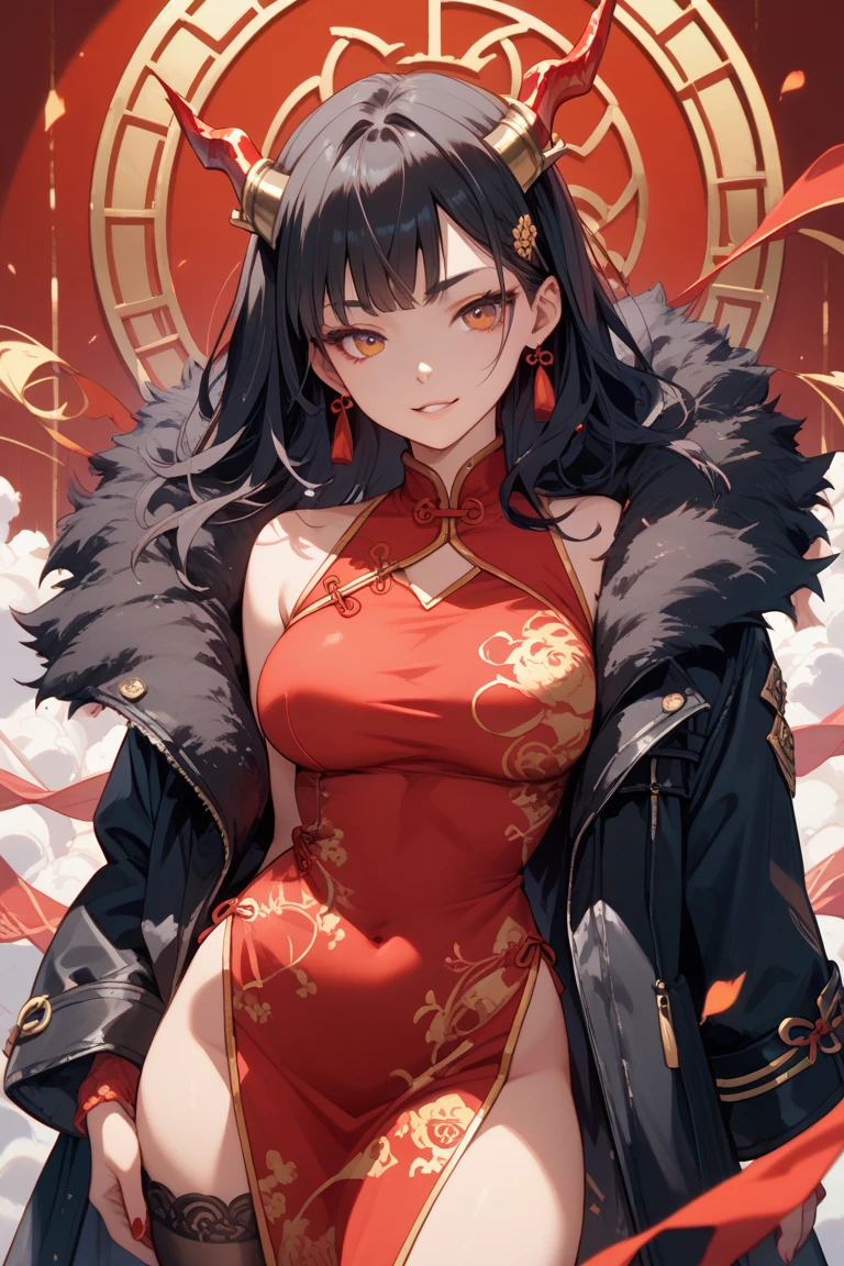 A MILF、A dark-haired、floting hair、Delicat eyes、red pupils、heroine、black and red antique damask Hanfu、cleavage of the breast、thighs thighs thighs thighs、FOV、f1.8、masterpiece、complex scenes、Gorgeous portrait shots