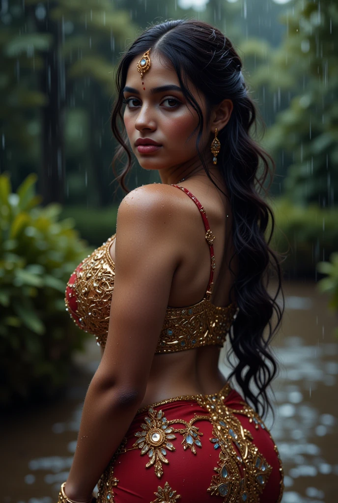 Young Indian woman, topless saree, strapless, garden, night, detailed body, detailed face, ultra realistic, charming, cute, big hazel eyes with long curly hair, curvy body, dynamic pose, perfect anatomy, perfect fingers, ambient lighting, winter, detailed background, 8k, showing back, higher chest, curvy body