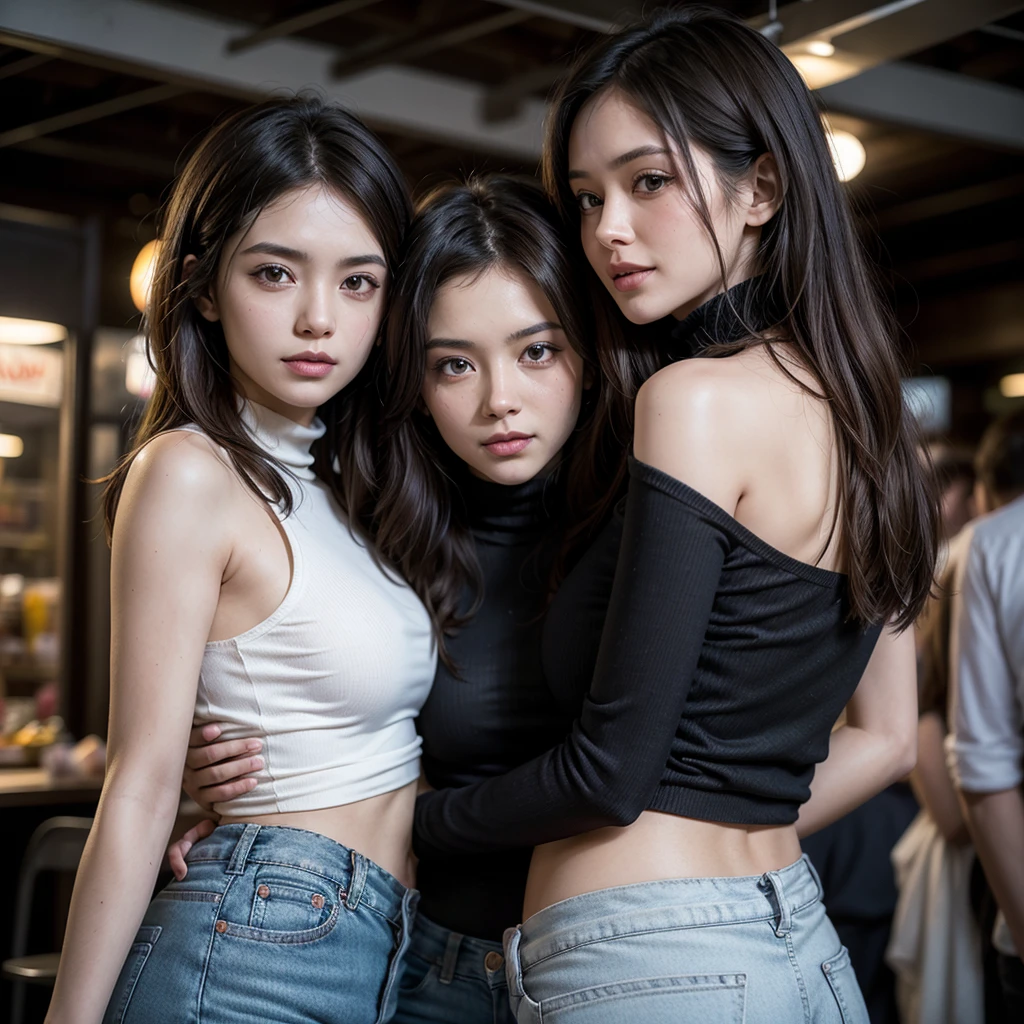 photo of 5 girls, ((small breasts)), loose and oversized black jacket, white lace cami, (beige chiffon trousers,:1), (Kpop idol), (aegyo sal:1), (light brown short ponytail: 1.2), ((puffy eyes)), looking at the audience, no bra, no panties, street smile, cute, full body, street, outdoor, best quality, super high resolution, (realism: 1.4),