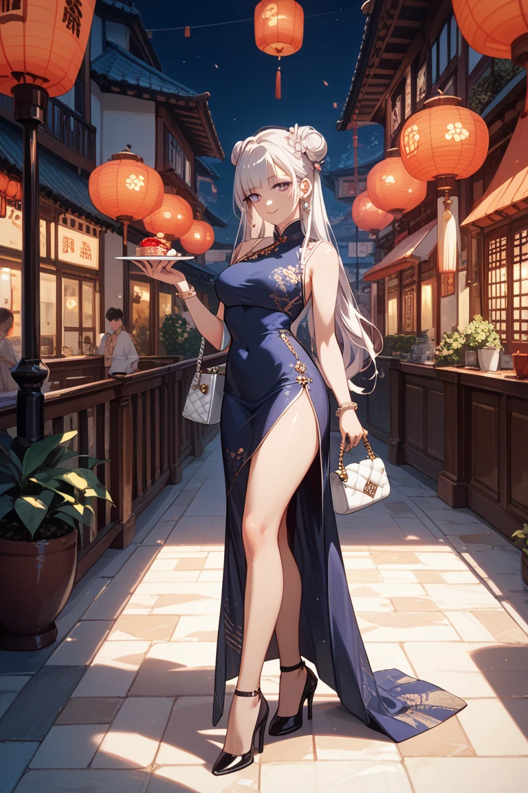 Beautiful images,Detailed Images,Official image,(Chinese restaurant background),One Woman,Blonde,Red Eyes,Ponytail Hair,Model body type,(Dark Skin:1.3),Elf Ears,Large Breasts,(China dress:1.3),Smile small,
