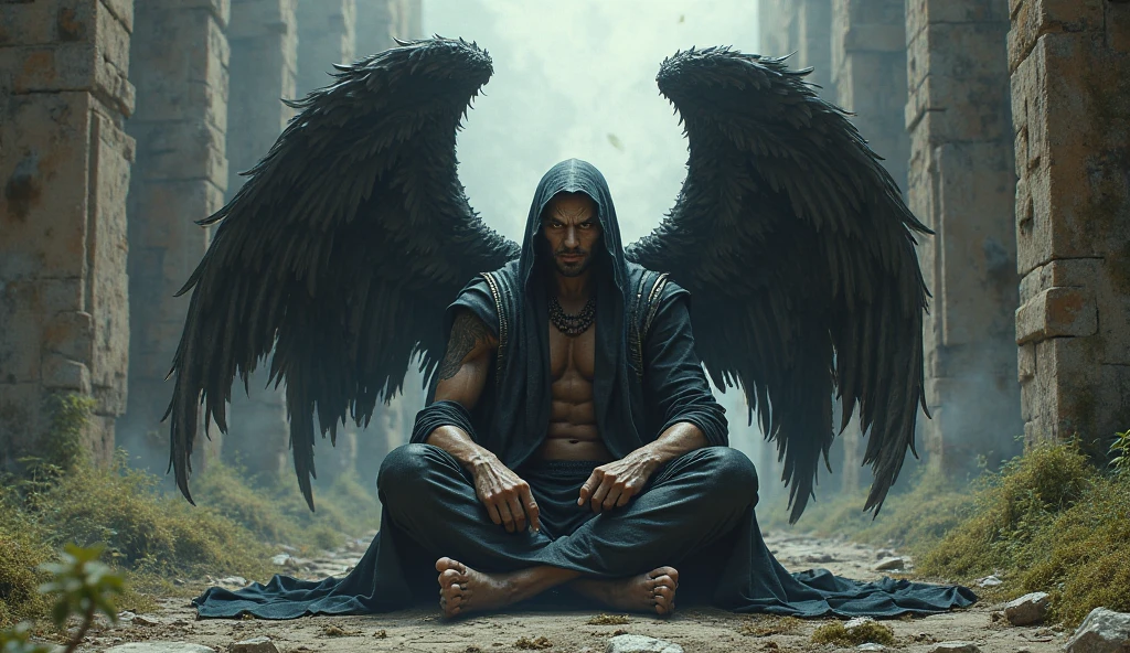 The young Karãu man kneels on the ground, crying in despair. suddenly, His body begins to transform into a bird
